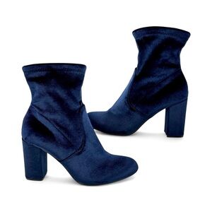 Ann Taylor Larissa Velvet Stretch Heeled Bootie Boots Navy Blue, Size 9
